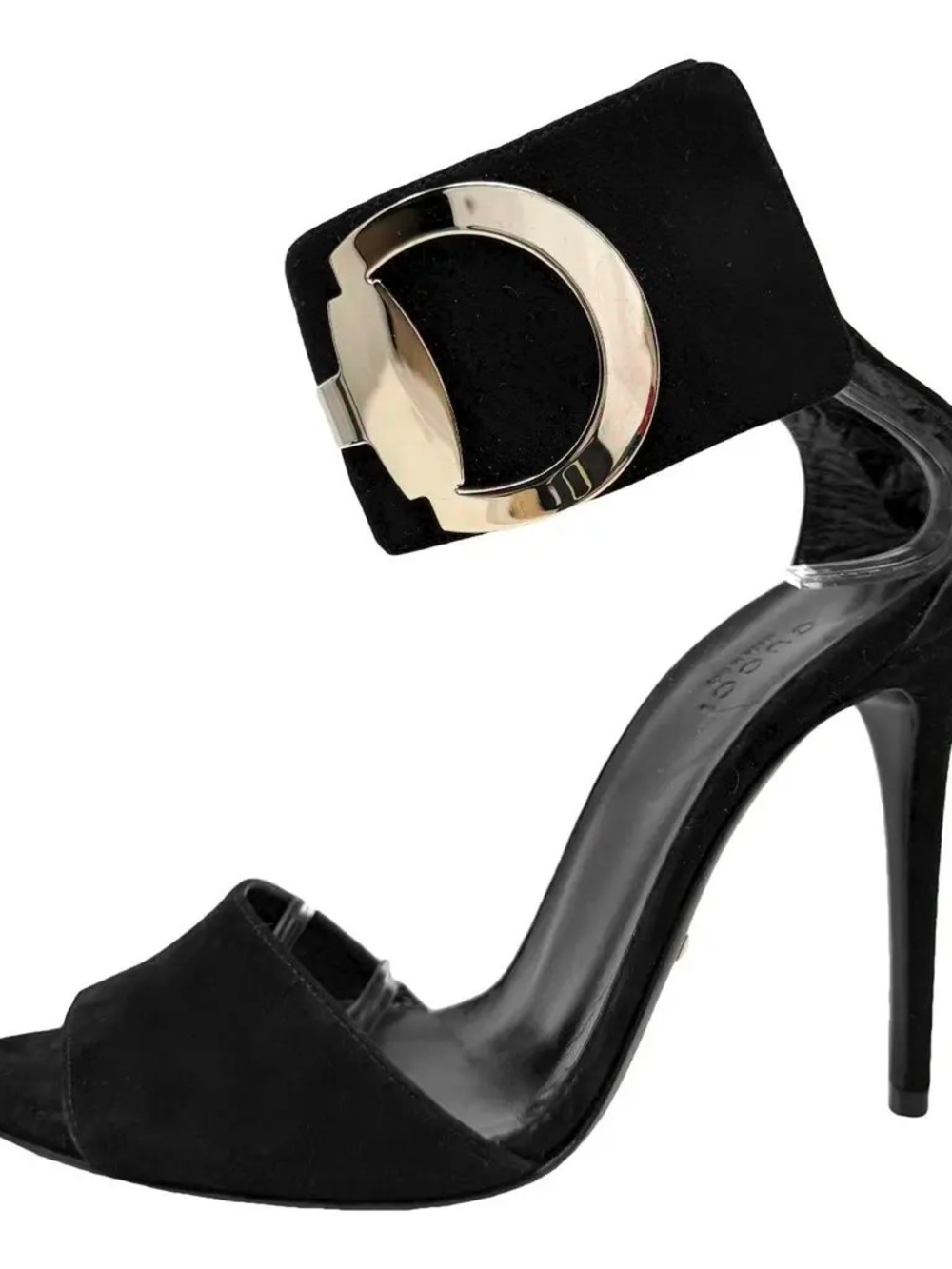 Gucci Black Suede Stiletto Sandals with Gold Buckle